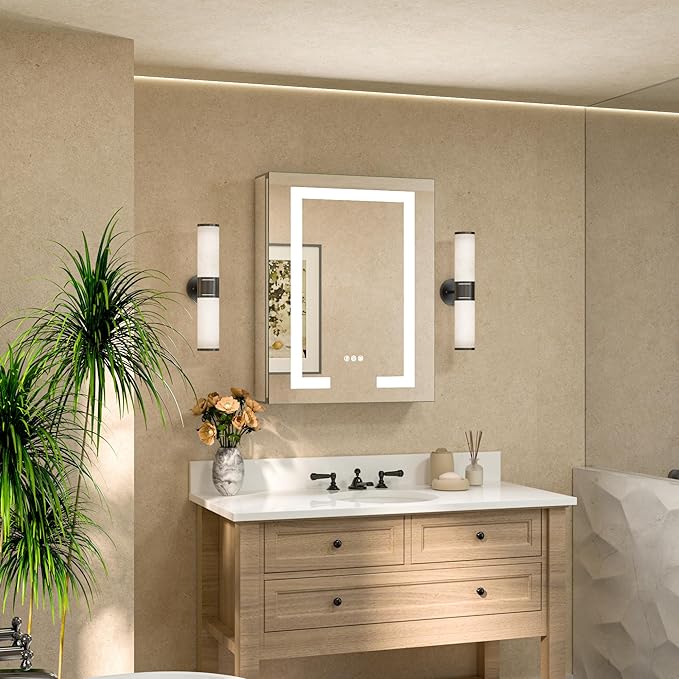 TETOTE LED Lighted Medicine Cabinet Mirror for Bathroom 20 x 26 Tempered Glass Recessed or Wall Mounted Cabinet with Storage & Outlets & USB, 3-Color Dimming Led Lights, Defogger, Adjustable Shelve