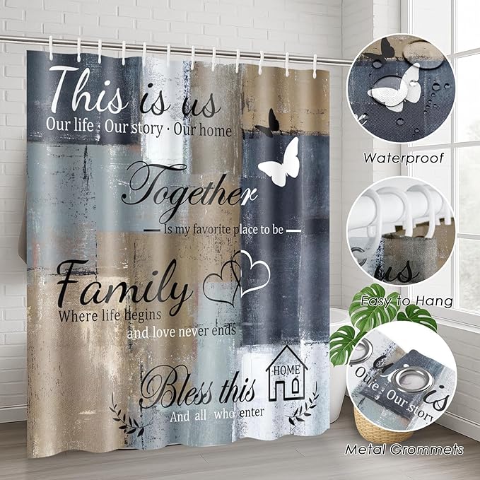 Family Home Motivational Shower Curtain Set with Toilet Lid Cover and Non-Slip Rugs for Bathroom, Brown Grey Abstract Painting Art 4 Pcs Shower Curtain, Modern Bathroom Set with 12 Hooks