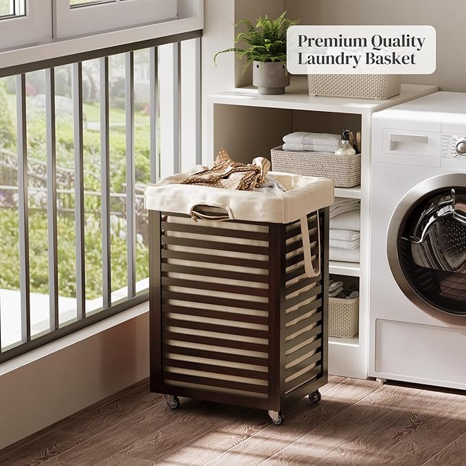 Laundry Hamper with Wheels, Laundry Basket with Liner, 85L Large bamboo Laundry Clothes Laundry Hamper, Liner with Handles, Dirty Clothes Storage Cart For Laundry Room, Dorm, Bedroom, Bathroom(Coffee)