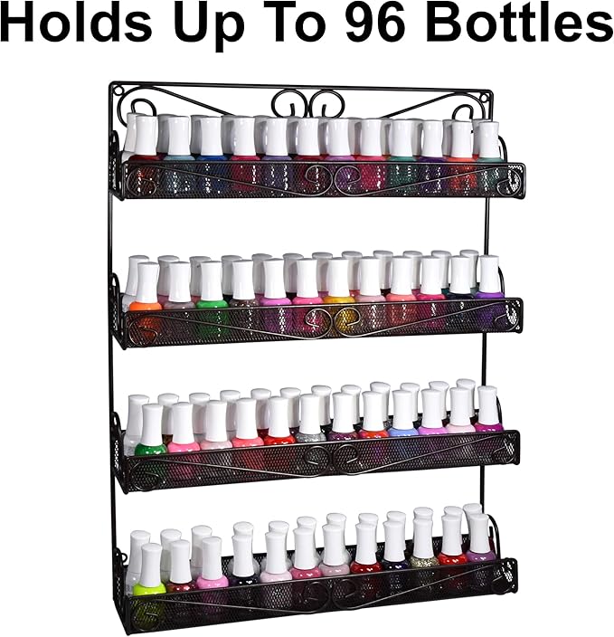 AMT 4 Tier Nail Rack, Pack Metal Wall Mount Organizer, Essential Oils Organizer, Pantry Cabinet Door Shelf Storage. Hanging Display for Spice Jars, Sauces, Cosmetic Beauty Bottles