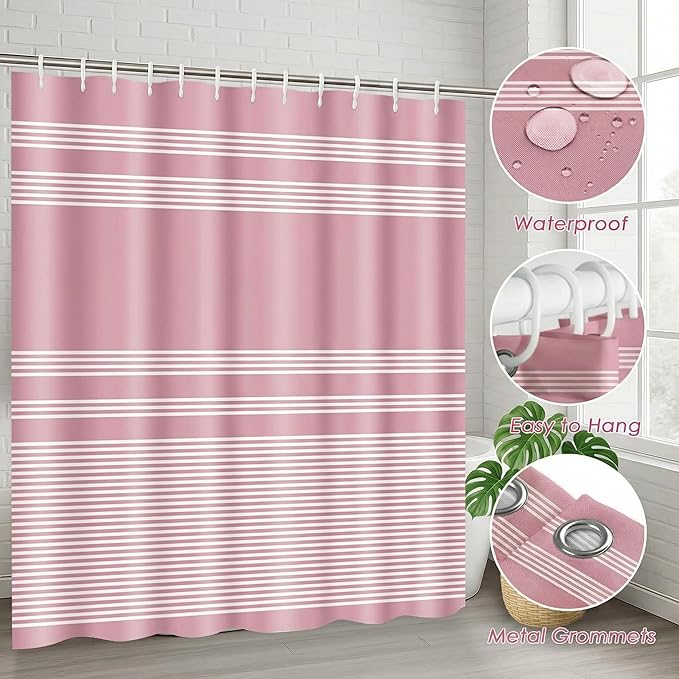 Pink Bathroom Decor and Accessories Set, Striped Shower Curtain and Rug Set with Trash Can, Soap Dispenser, Soap Dish, Toothbrush Holder, Toothbrush Cup, Toilet Brush