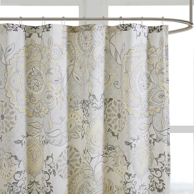 Madison Park Isla 100% Cotton Percale Shower Curtain, Floral Medallion Boho Printed Watercolor Cute Modern Home Bathroom Decor, Bathtub Privacy Screen, 72" x 72", Yellow