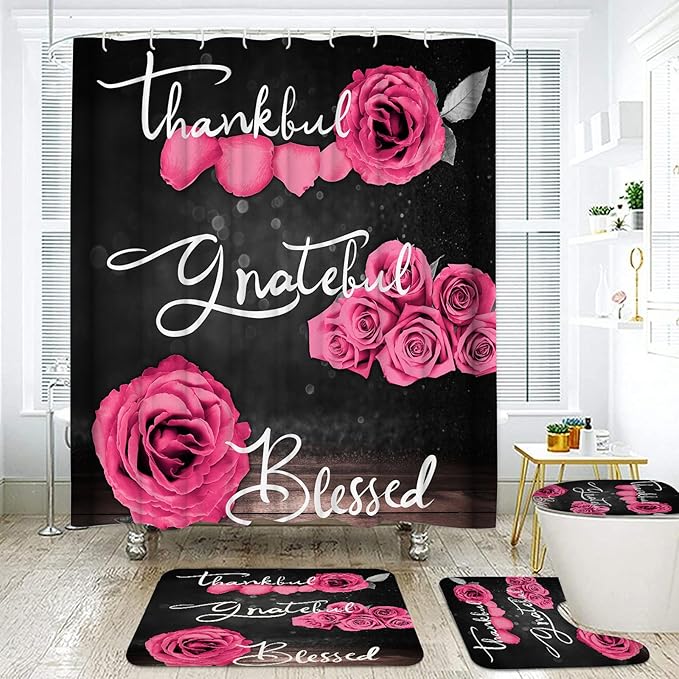 Onalasyc 4Pcs Pink Rose Shower Curtain Set with Rugs Waterproof Bathroom Sets with Shower Curtain and Rugs Romantic Rose Floral, Thankful Grateful Blessed Bathroom Curtains Shower Set,with 12 Hooks