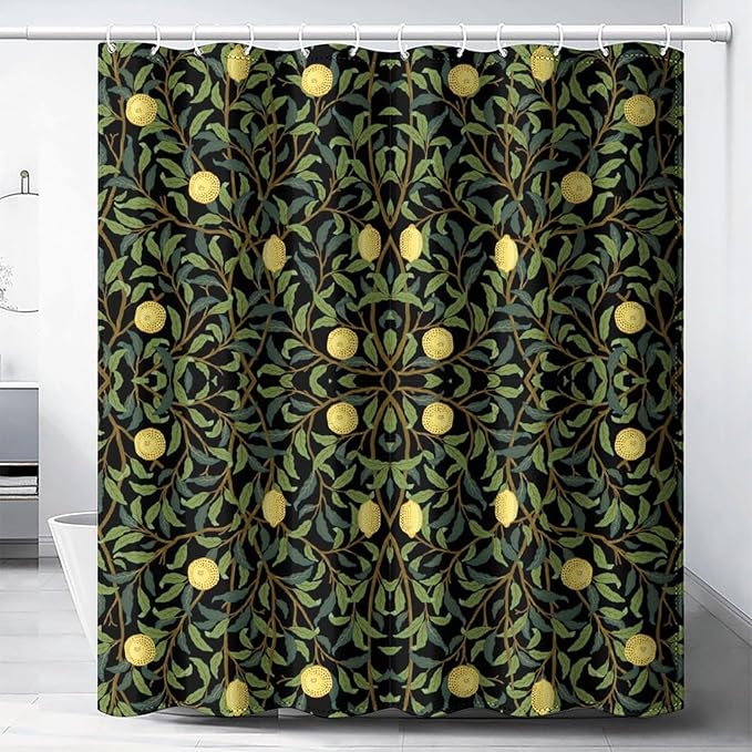 Vintage Botanical Shower Curtain William Morris Designs Green Jungle Fruit Print Shower Curtain Set Polyester Interior Waterproof Shower Curtain with 12 Hooks 66x72 Inches(168x183cm)