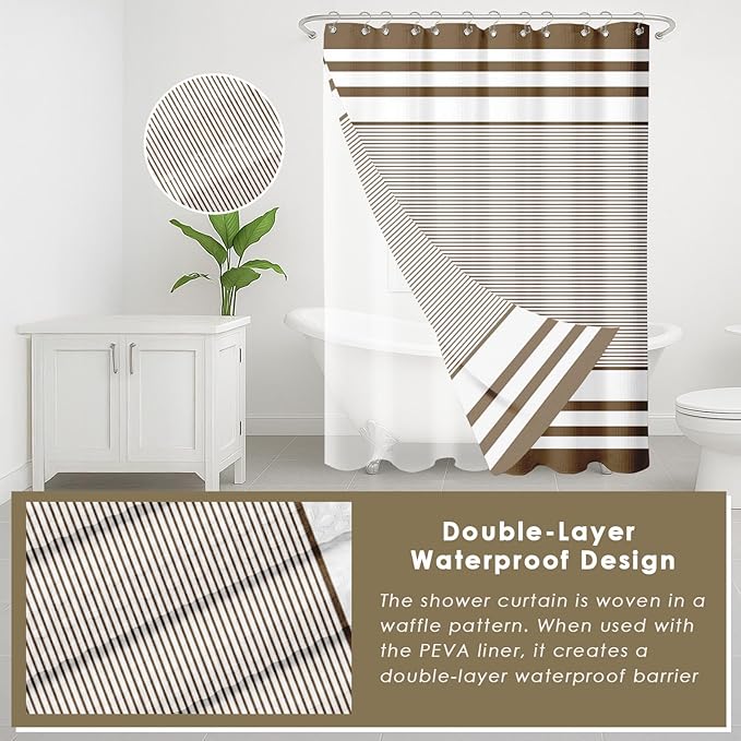 Britimes Brown Stripes Bathroom Sets with Shower Curtain and Rugs, Ombre Modern Minimalist Striped Waterproof Shower Curtain Liner and Soft Non Slip Bath Mat for Bathroom Decor and Accessories Hooks