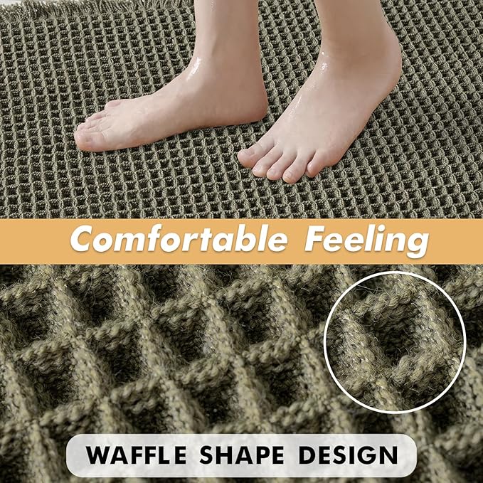 MIULEE Set of 2 Waffle Bathroom Runner Rugs, Boho Bath Rugs Non Slip, Super Absorbent Runner Bath Mats, Rubber Backed Shower Mats for Hallway Bedroom Laundry Room, Green, 2'x6'(24x72 Inch)