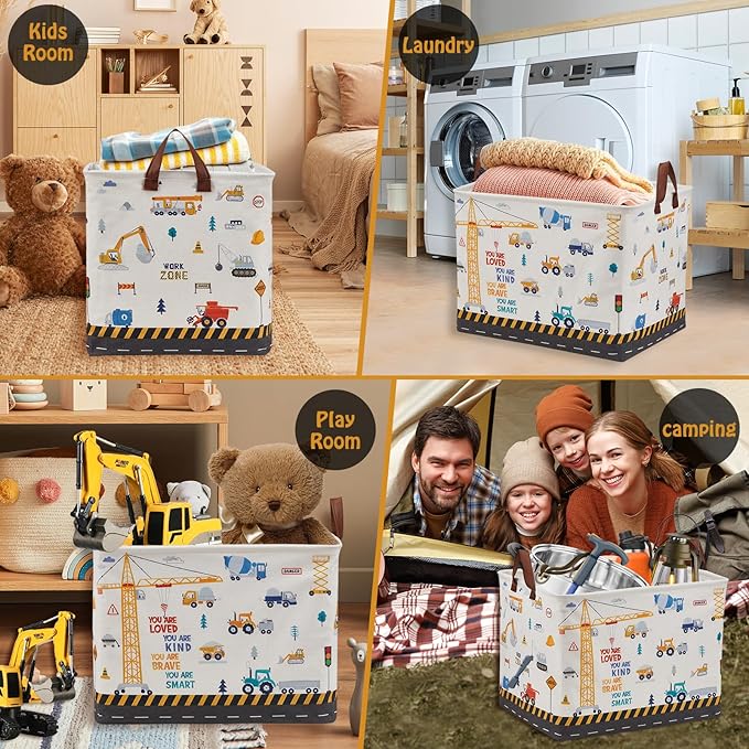 Construction Nursery Decor Hamper Car Baby Gift Basket Transport Trucks Excavators Toy Box Bin Empty Larger Rectangular Kid Clothes Book Shelf Toy Organizer Bin for Baby Boys