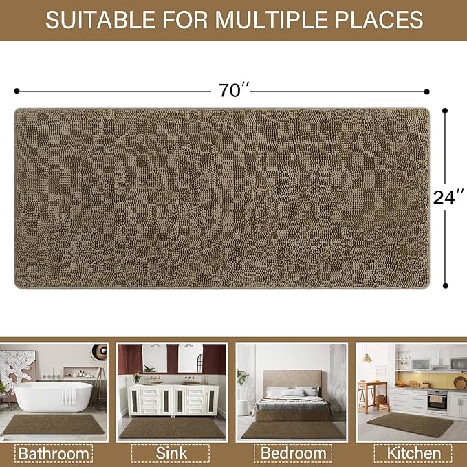 LOCHAS Luxury Bathroom Rug Shaggy Bath Mat 24 x 70 Inch, Washable Non Slip Bath Rugs for Bathroom Shower, Soft Plush Chenille Absorbent Carpets Mats, Tan