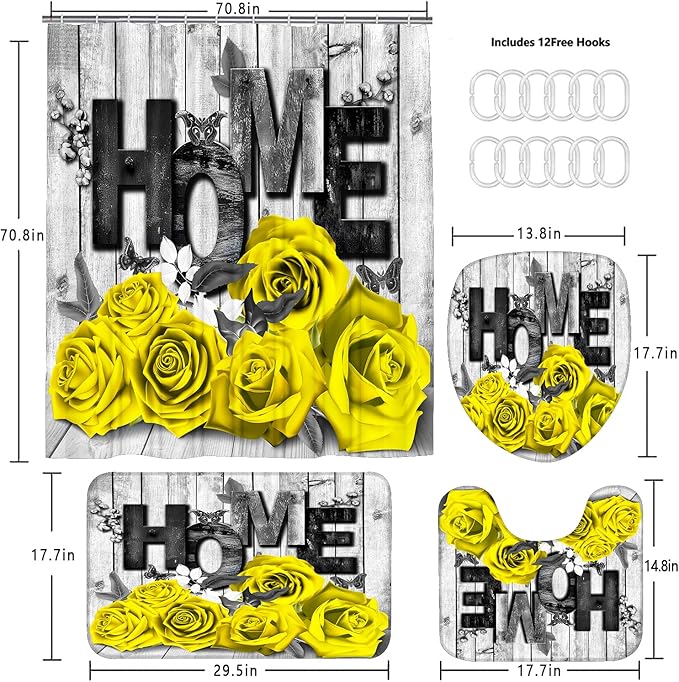 Yddsky Yellow Rose Valentines 4 Pcs Shower Curtain Sets Non-Slip Rugs Bath Mat Toilet Cover U Shaped Mat Romantic Yellow Bathroom Decor with 12 Hooks Valentines Day Bathroom Set