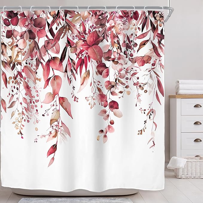 Riyidecor Burgundy Eucalyptus Leaves Shower Curtain for Bathroom Decor 72Wx72H Red Leaf Plants Botanical Leaf Floral Spring Herbs Art Printed Fabric Polyester Waterproof 12 Pack Plastic