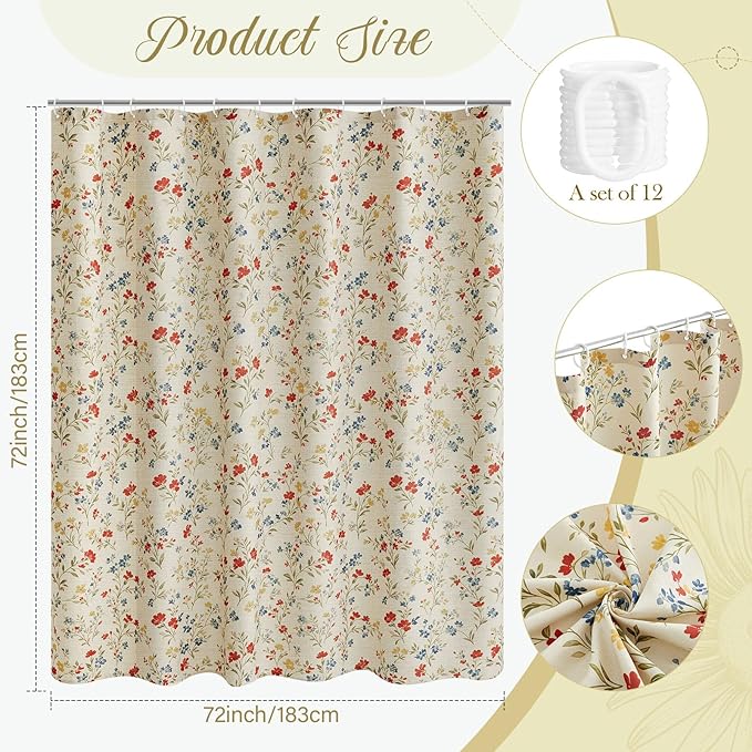 Boao Floral Shower Curtain Linen Farmhouse Cottagecore Spring Shower Curtain Boho Rustic Wildflowers Water Repellent for Bathroom Farmhouse 72" W x 72" L(Vintage Flower)