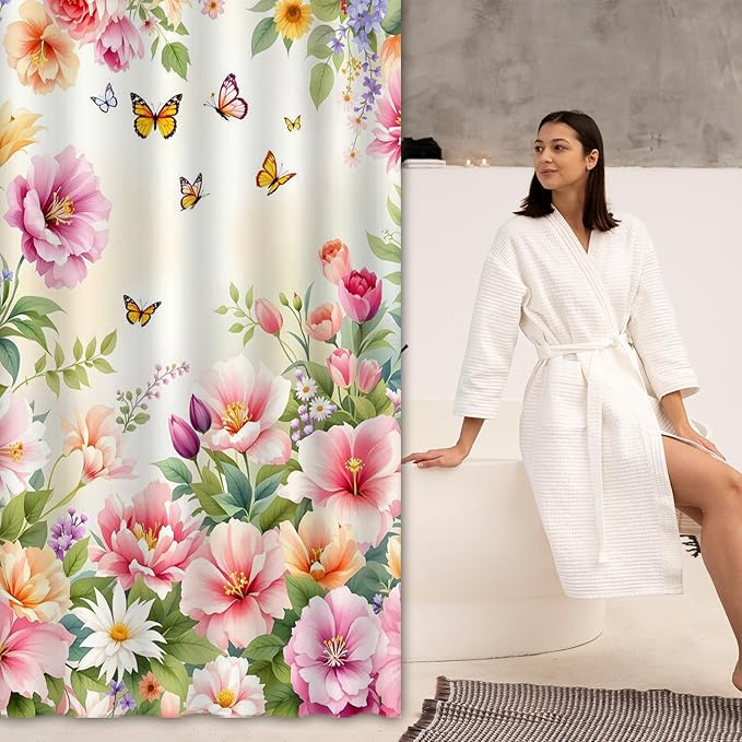 Floral Shower Curtain，Colorful Flower Butterfly Spring Summer Bathroom Decor, Waterproof Cloth Fabric Shower Curtains with 12 Hooks，72" W x 72" L