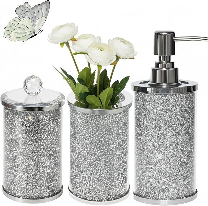 Escenzy Crushed Diamond Glass Bathroom Accessories Set 3 Pcs | Silver Crystal Soap Dispenser and Toothbrush Holder Set with Tumbler | Modern Bathroom Accessory Set and Vanity Organizer