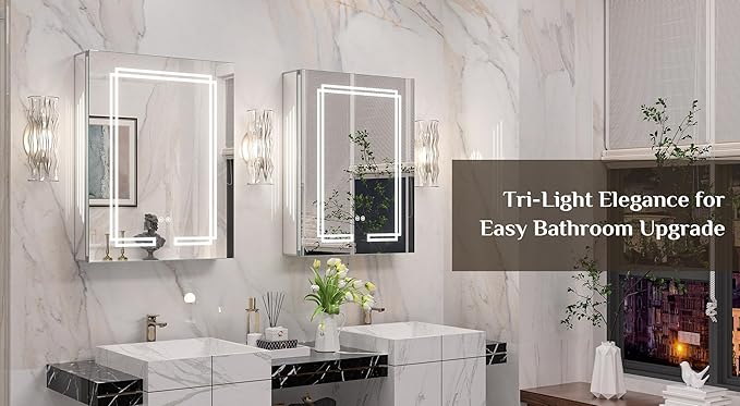 Keonjinn 20 x 26 Inch Lighted Medicine Cabinet Mirror, Bathroom LED Medicine Cabinet with Lights, Adjustable Shelves, Tempered Glass, UL-Listed, Dimmable, No Outlets, Defogging, Wall Mount Only