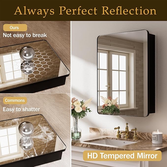 16x24 Inch Bathroom Medicine Cabinet with Mirror, Partition Storage for Tall Bottles, Recessed or Surface Mount Wall Cabinet, 110° Soft Close Hinge, Pre-Assembled, Matte Black, w/Hardware