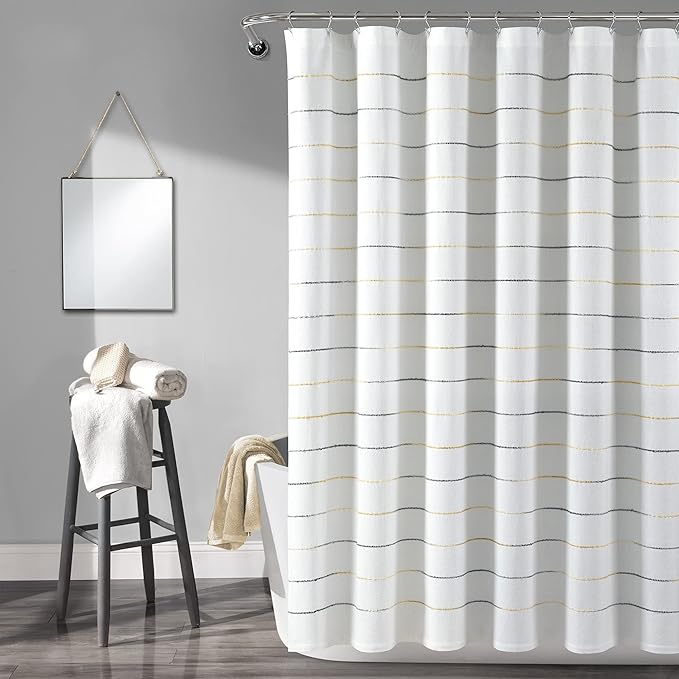 Lush Decor Ombre Stripe Yarn Dyed Cotton Shower Curtain, 72" W x 72" L, Navy & Multi - Fabric Shower Curtains - Striped Bathroom Curtain - Farmhouse & Coastal Decor