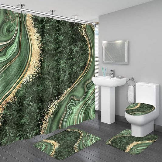 4PCS Sage Green Marble Shower Curtain Sets with Rugs, Luxury Bathroom Sets with Shower Curtain and Rugs, Abstract Bathroom Curtains Shower Set with Toilet Lid Cover for Bathroom Decor