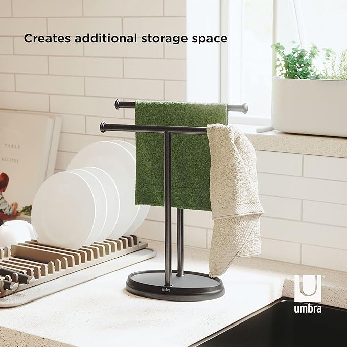 Umbra Palm Double Hand Towel Tree, Brushed Nickel 2 Towels Holder and Accessories Stand for Bathroom Vanities - Slim, Modern, Durable Bars with Base Serves as a Jewelry Tray for Rings