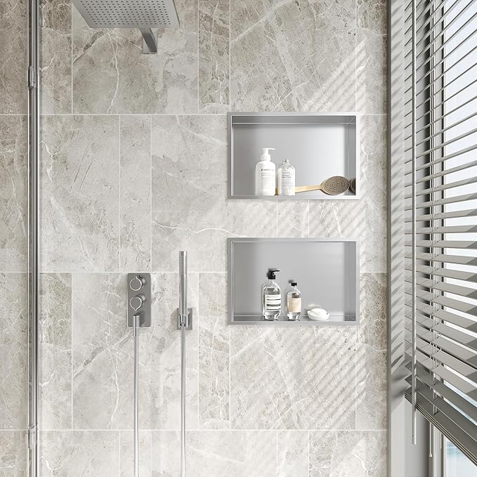 Neodrain Shower Niche, Insert Bathroom Storage Shower Shelf, Stainless Steel Recessed Wall Niche No Tiled Recessed Cabinet Waterproof for Shower Storage(Brushed,18"x12")