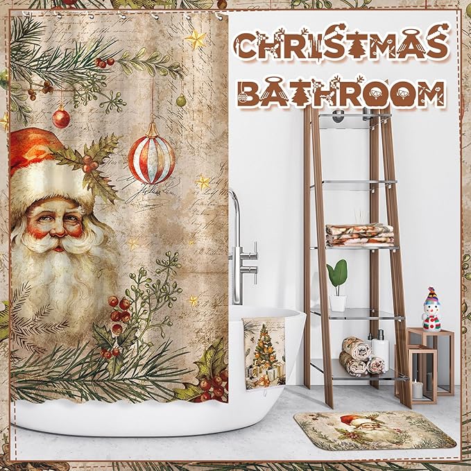FuWeave 8 Pcs Christmas Shower Curtain Set Xmas Santa Bathroom Decoration Christmas Tree Hand Towels Snowman Toilet Lid Cover Bathroom Rugs Xmas Shower Curtain with Hooks(Santa Claus Style)