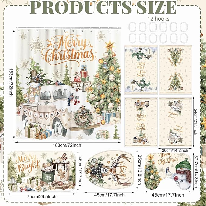 FuWeave 8 Pcs Christmas Shower Curtain Set Xmas Santa Bathroom Decoration Christmas Tree Hand Towels Snowman Toilet Lid Cover Bathroom Rugs Xmas Shower Curtain with Hooks (Vintage Style)