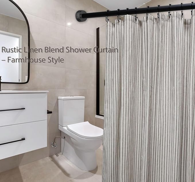 Farmhouse Striped Shower Curtain - 72x72 Inches, Linen Blend Fabric, Breathable & Machine Washable, Rustic Tan for Bathroom Decor (Hooks/Liner Not Included)
