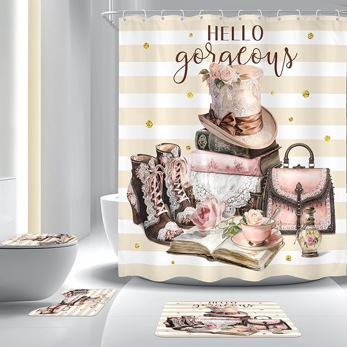 Cinbloo 4Pcs Pink Brown Shower Curtain Set, Vintage Fashion Lace Flower Beige White Striped Books Boots Cups Bathroom Curtain with Rug, Toilet Lid Cover, Bath Mat, Women Shower Curtain with 12 Hooks