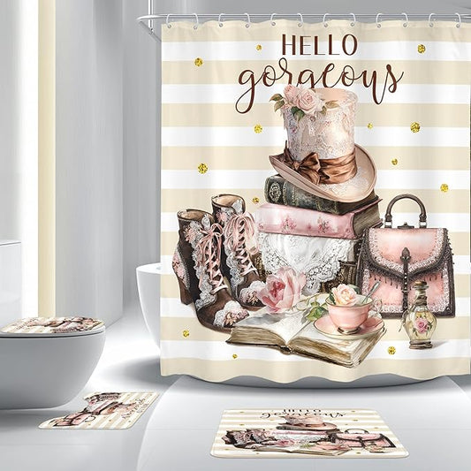 Cinbloo 4Pcs Pink Brown Shower Curtain Set, Vintage Fashion Lace Flower Beige White Striped Books Boots Cups Bathroom Curtain with Rug, Toilet Lid Cover, Bath Mat, Women Shower Curtain with 12 Hooks