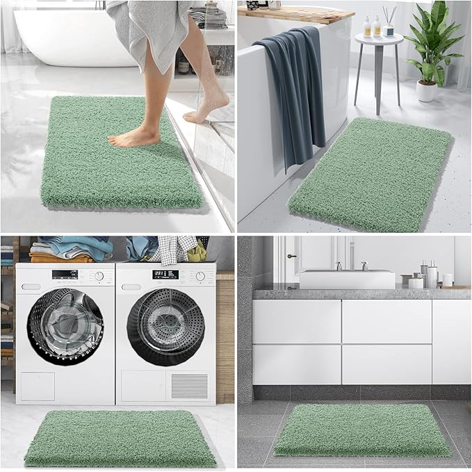 Yimobra Fluffy Plush Bath Rug, Super Shaggy Soft Comfortable Non Slip, Water Absorbent Microfiber Bath Mat, Dries Quickly, Machine Washable Thick Bathroom Rugs for Shower, 56"x 24", Pure Light Green