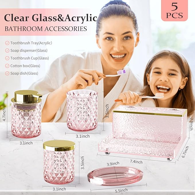Glass Bathroom Accessories Set 5Pcs Crystal - Foaming Soap Dispenser, Soap Dish, Cup, Acrylic Toothbrush Holder with Tray Organizer, Qtip Jar, Bathroom Counter Set Sink Decor (Pink)
