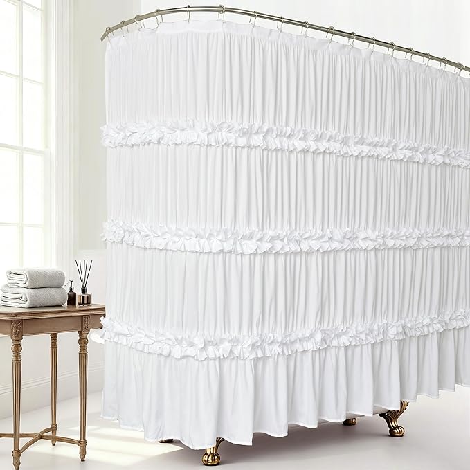 Extra Wide Shower Curtain 108" W x 72" L, Vintage Handcrafted Bow Tie Bath Curtain for Bathroom and Clawfoot Tub, Victorian Ruffle Bathroom Curtain with 18 Buttonholes, White (LQ-10)