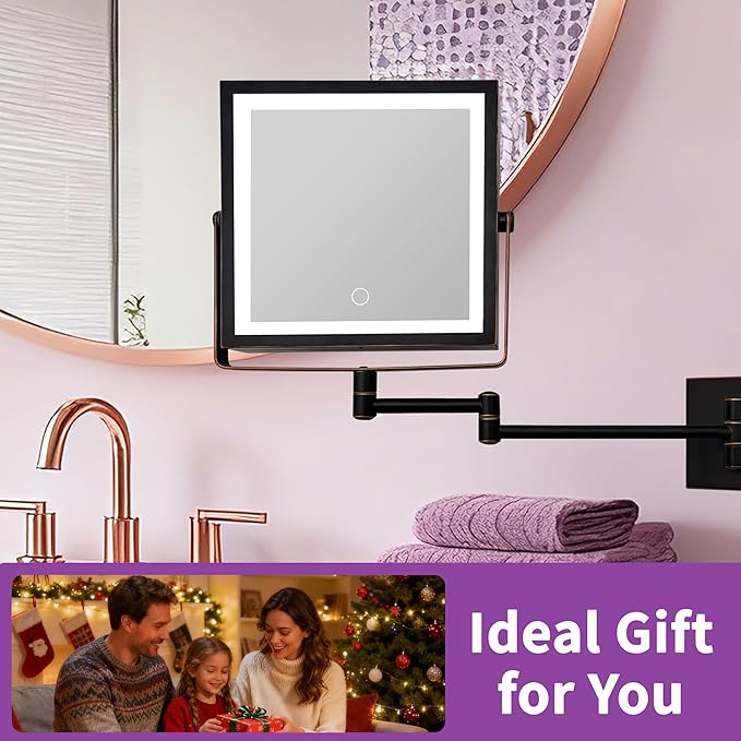 Wall Mounted Lighted Makeup Mirror, Rechargeable Double-Sided 1X/10X Magnifying Mirror with Light, Touch Dimmable 3 Color Lights, 360° Rotation Extendable Arm (Oil Rubbed Bronze)