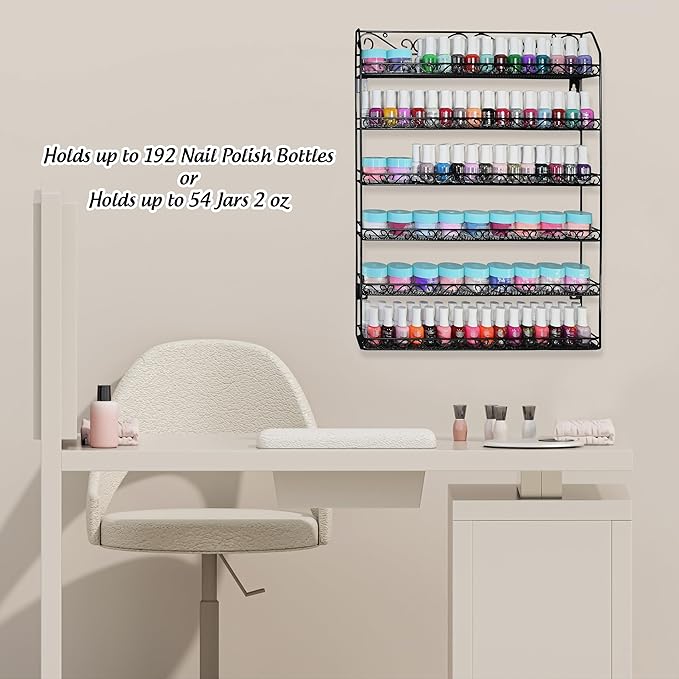 AMT 6 Tier Up to 192 BOTTLES Metal Nail Polish Racks for the Wall, Quality Nail Polish Display, Essential Oils Organizer. Holds up to 192 Bottles (Black)