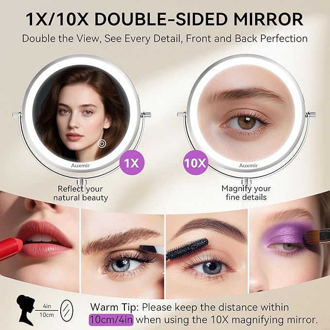 Auxmir 8" Lighted Makeup Mirror Rechargeable 1X/10X Magnifying Mirror with 3 Dimmable Colors Light, Double Sided Vanity Mirror with Stand, 360° Rotation Touch Screen Tabletop, Chrome