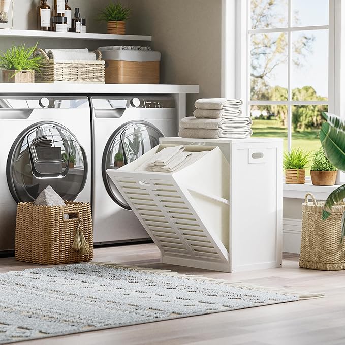 HITNET Tilt Out Laundry Hamper Cabinet, Bathroom Laundry Cabinet with 20 Gallon Clothes Basket, Space Saving Freestanding Bamboo Storage Organizer for Towels and Toys, White
