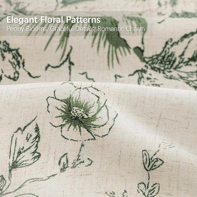 Farmhouse Floral Linen Shower Curtain, Vintage Green Pattern Rustic Shower Curtains for Bathroom, Tan Taupe,60x72