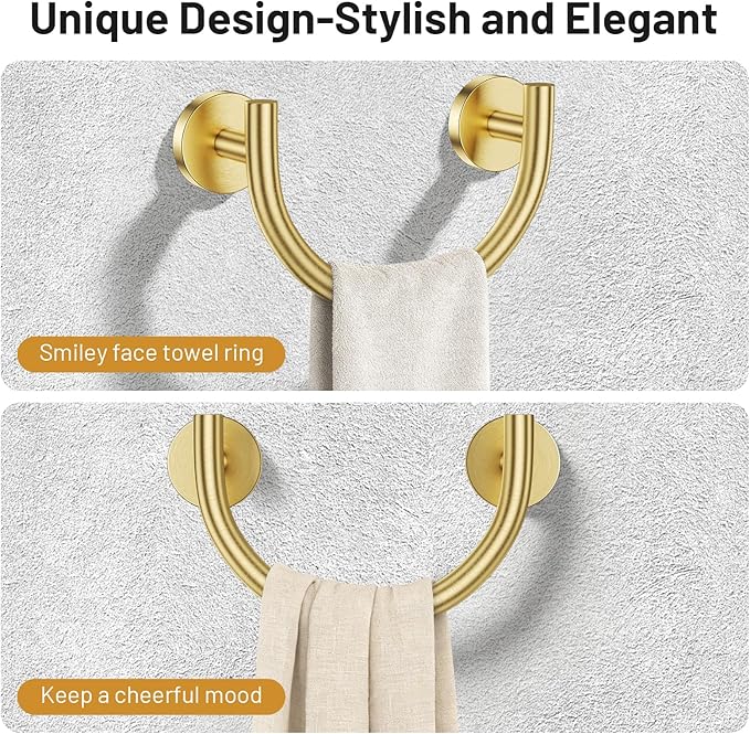 TNOMS Brushed Gold Smiley Face Towel Ring Bathroom Hand Towel Holder Stainless Steel Wall-Mounted Bathroom Hardware Accessories Towel Rack