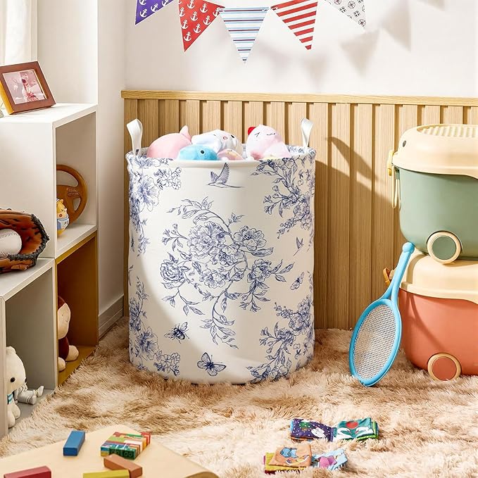2Pcs Blue Floral Laundry Basket Cute Girls Nursery Hamper Kids Baby Flowers Room Decor Foldable Oxford Cloth Funny Tote Clothes Storage Bucket Organizer For Bedroom (Floral)