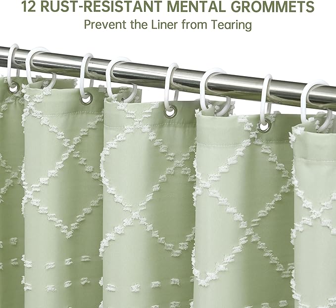 Boho Green Shower Curtain Woven Fabric Cute Shower Curtain with Tassel, 72 x 72 Tufted Chevron Textured Striped Modern Farmhouse Minimalist Cloth Shower Curtain for Bathroom