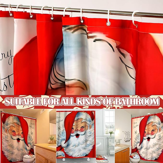 Drydiet 4 Pcs Fall Shower Curtain Sets 71 x 71 in Autumn Non Slip Rugs Toilet Lid Cover Bath Mat and 12 Hooks Fall Bathroom Shower Curtain for Thanksgiving Harvest Farmhouse Home Decor(Christmas)