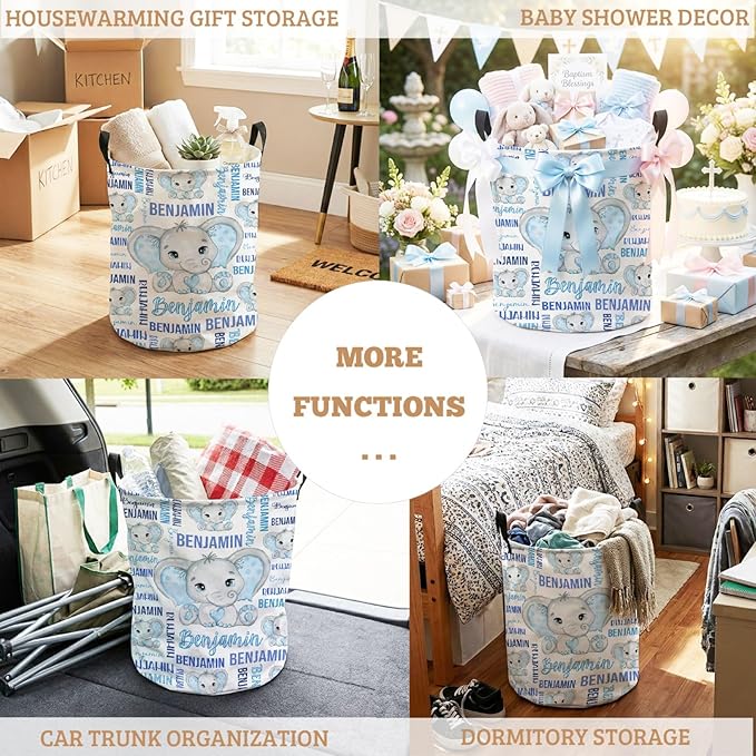 Custom Elephant Laundry Baskets,Cute Personalized Elephant Gifts for Girls,Kids Laundry Hamper,Collapsible Clothes Storage Organizer,One Size