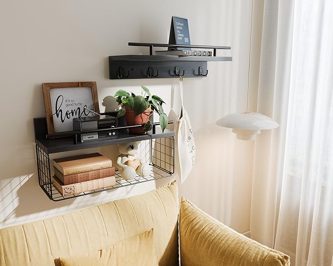 Floating Shelves - Black Bathroom Shelves Over Toilet, Set of 2 Wall Shelves with Basket and Hooks