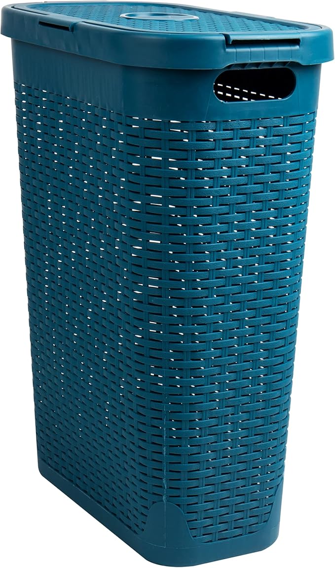 Mind Reader Slim Laundry Hamper with Lid, 40L Clothes Basket, Narrow Tapered Design with Ventilated Cutout Pattern, Plastic, Set of 2, Blue