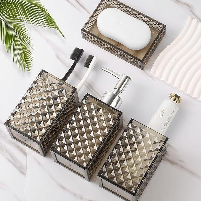 RYTOXILO Brown Bathroom Accessories Set, 4 Pack Acrylic Bath Accessory Sets Complete, Diamond Soap Dispenser and Toothbrush Holder Bathroom Counter Sink Set, Boho Modern Bathroom Decor