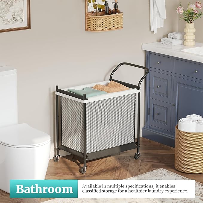 Laundry Hamper with Wheels - 2 Section Laundry Basket 120L, Removable Washable Bags, Height-Fitted Rolling Laundry Cart for Laundry Room & Bedroom