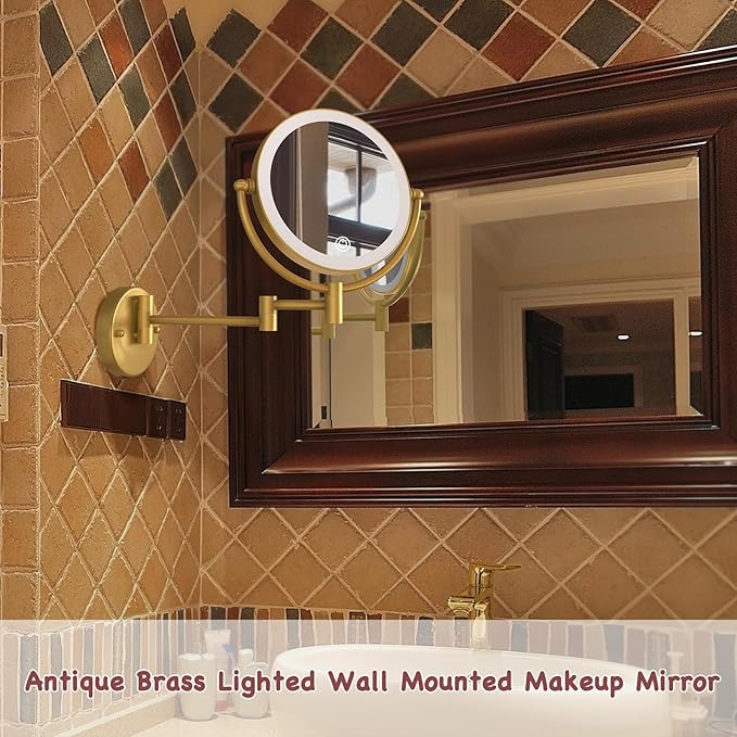 Wall Mounted Makeup Mirror with Lights and 10X Magnification, 8" Rechargeable Double Sided Magnifying Touch Dimmable Extended Arm 360 Rotation, Foldable Vanity Mirror for Bathroom, Antique Brass
