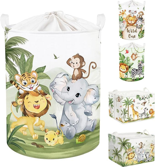 Clastyle 63L Large Rainforest Animals Kid Laundry Hamper with Handle Boy Girl Bedroom Bathroom Nursery Clothes Toy Storage Basket with Lid