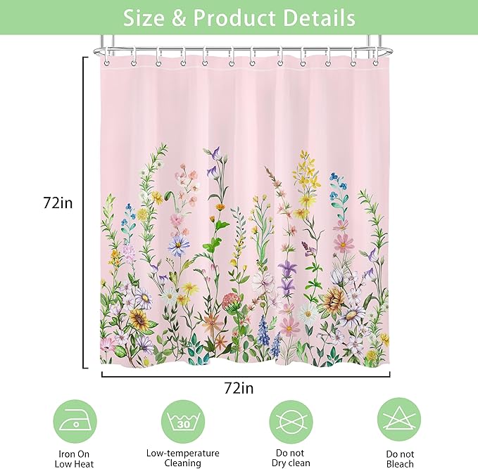 Pink Floral Flower Shower Curtain Pretty Wildflower Bathroom Shower Curtain Set Boho Cute Shower Curtains Cloth Fabric Shower Curtain