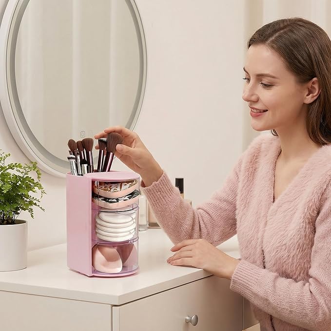 Hair Accessories Organizer with Hair Brush Holder - Rotatable Makeup Brush Organizer and Jewelry Storage Box for Necklaces, Earring, Bracelet, Makeup Brushes, Hair Clip and Hair Accessories (Pink)