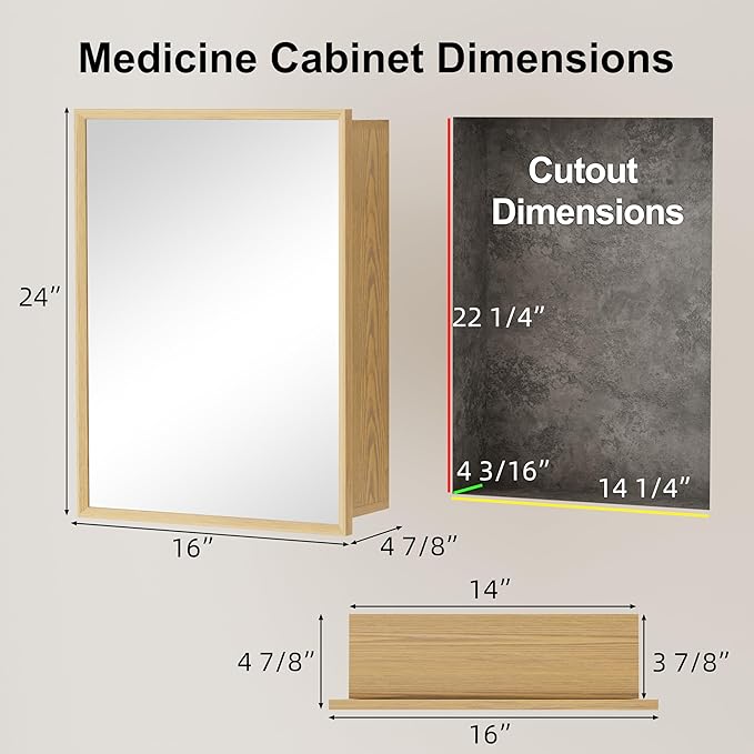16x24 Inch Wood Medicine Cabinet with Mirror, Surface or Recessed Mounted Bathroom Cabinets with Adjustable Shelves, Soft-Close Hinges, Wall Mounted Cabinet for Storage